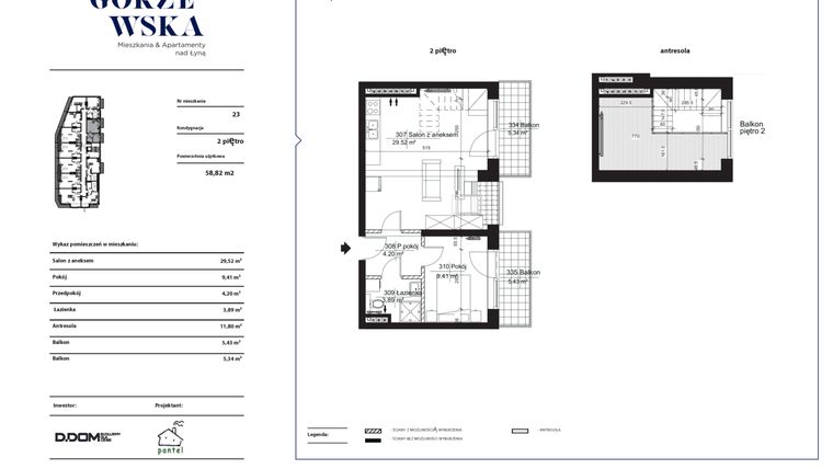 Rzut - Mieszkanie na sprzedaż 2 pokoje o powierzchni 58,82 m² - numer 23 w Grzegorzewska