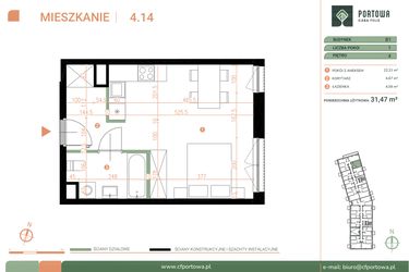 Rzut - Mieszkanie na sprzedaż 1 pokój o powierzchni 31,47 m² - numer M.04.14 w Casa Feliz Portowa II