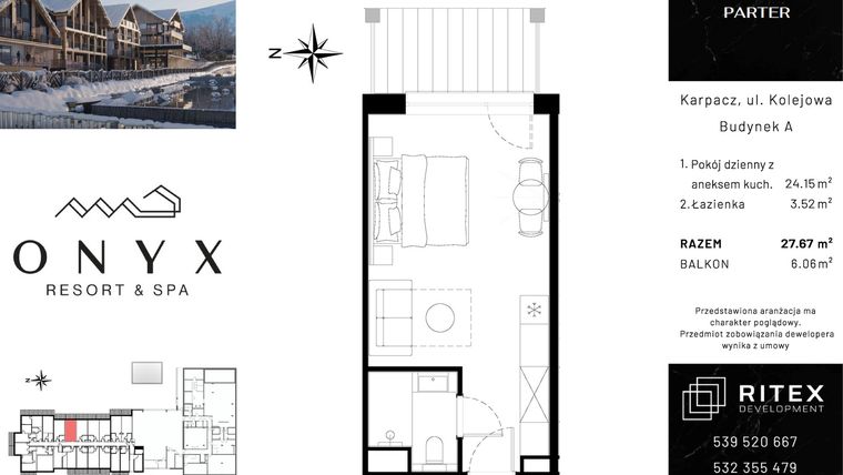 Rzut - Mieszkanie na sprzedaż 1 pokój o powierzchni 27,67 m² - numer 00.A13 w Onyx Resort & Spa