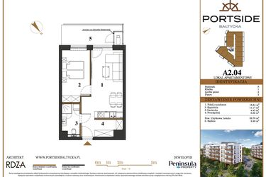 Rzut - Mieszkanie na sprzedaż 2 pokoje o powierzchni 39,76 m² - numer A2.04 w Portside Bałtycka