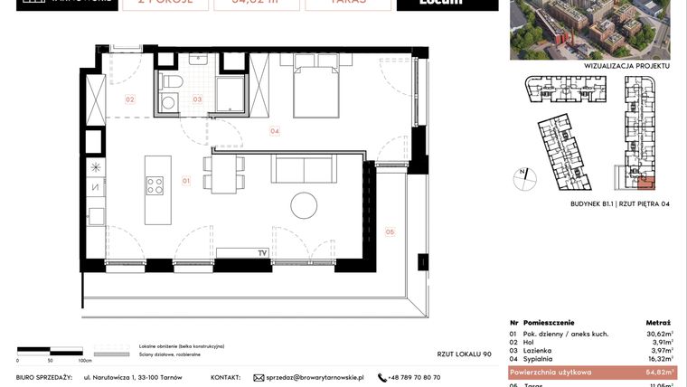Rzut - Mieszkanie na sprzedaż 2 pokoje o powierzchni 54,82 m² - numer B1.1.90 w Browary Tarnowskie etap 1