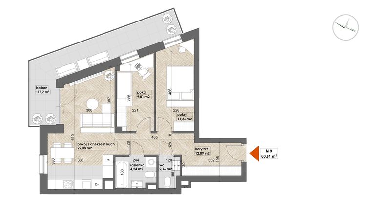 Rzut - Mieszkanie na sprzedaż 3 pokoje o powierzchni 60,91 m² - numer 9 w Apartamenty Śródmieście