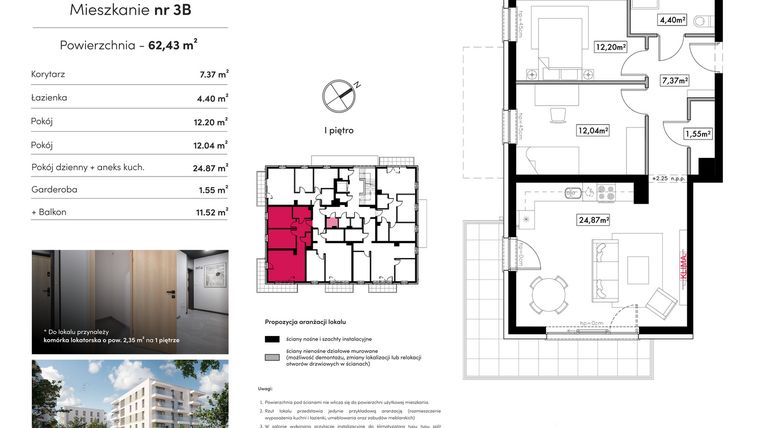 Rzut - Mieszkanie na sprzedaż 3 pokoje o powierzchni 62,43 m² - numer B12.M3B w Novum Rumia