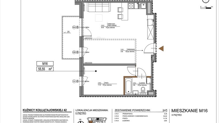 Rzut - Mieszkanie na sprzedaż 2 pokoje o powierzchni 55,55 m² - numer M16 w Kuźnicy Kołłątajowskiej 42
