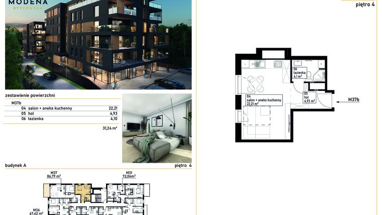 Rzut - Mieszkanie na sprzedaż 1 pokój o powierzchni 31,24 m² - numer M37b w Modena Bytkowska 113