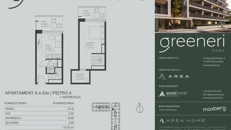 Rzut - Mieszkanie na sprzedaż 2 pokoje o powierzchni 37,25 m² - numer A.4.03a w Greeneri Park