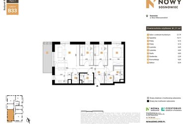 Rzut - Mieszkanie na sprzedaż 4 pokoje o powierzchni 81,71 m² - numer 33 w Nowy Sosnowiec