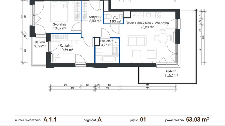 Rzut - Mieszkanie na sprzedaż 3 pokoje o powierzchni 63,03 m² - numer A 1.1 w Nowe Zabłocie