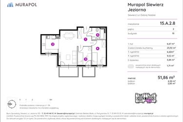 Rzut - Mieszkanie na sprzedaż 3 pokoje o powierzchni 51,9 m² - numer 15.A.2.8 w Murapol Siewierz Jeziorna