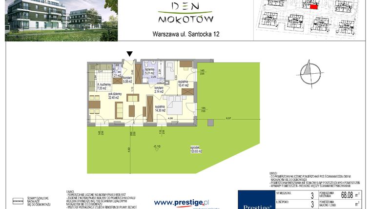 Rzut - Mieszkanie na sprzedaż 3 pokoje o powierzchni 68,08 m² - numer 3/4B w Zen Garden Mokotów