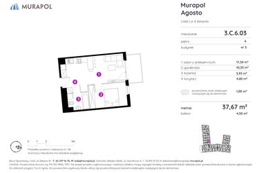 Rzut - Mieszkanie na sprzedaż 1 pokój o powierzchni 37,67 m² - numer 3.C.6.03 w Murapol Agosto