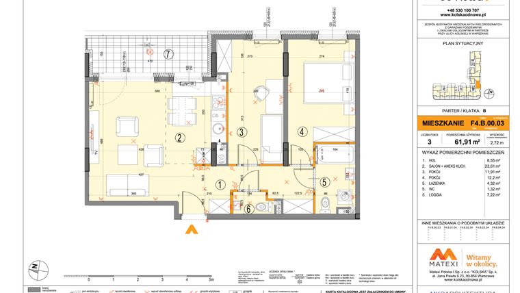 Rzut - Mieszkanie na sprzedaż 3 pokoje o powierzchni 62,18 m² - numer F4.B.00.03 w Kolska od nowa