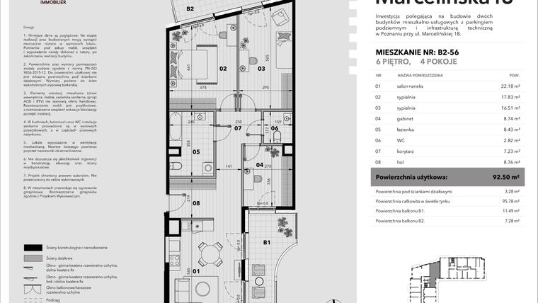 Rzut - Mieszkanie na sprzedaż 4 pokoje o powierzchni 93,38 m² - numer B2-56 w Marcelińska 18