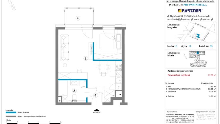 Rzut - Mieszkanie na sprzedaż 1 pokój o powierzchni 37,38 m² - numer 35 w Daszyńskiego Square etap 2