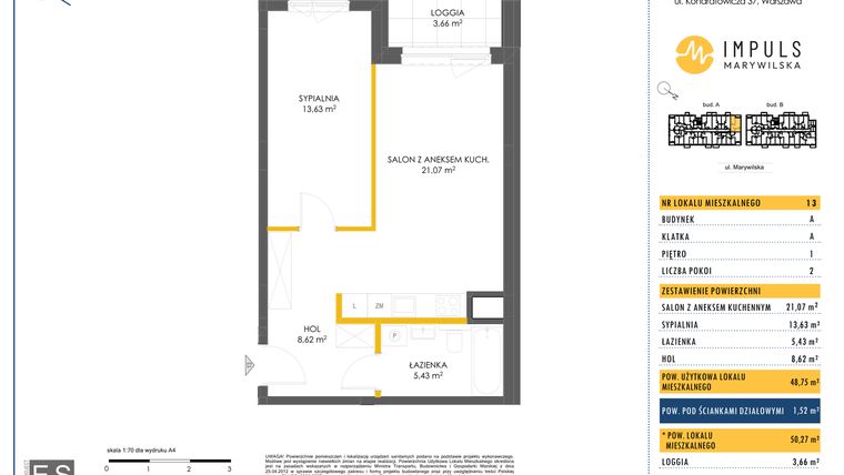 Rzut - Mieszkanie na sprzedaż 2 pokoje o powierzchni 50,27 m² - numer A/13 w Impuls Marywilska