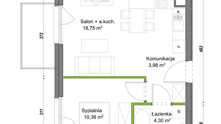 Rzut - Mieszkanie na sprzedaż 2 pokoje o powierzchni 37,41 m² - numer E1/B/05 w Orawska Vita