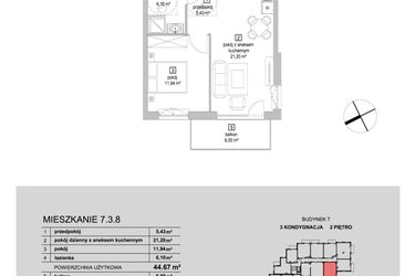 Rzut - Mieszkanie na sprzedaż 2 pokoje o powierzchni 44,67 m² - numer 7.3.8 w Osiedle Przyjemne IV