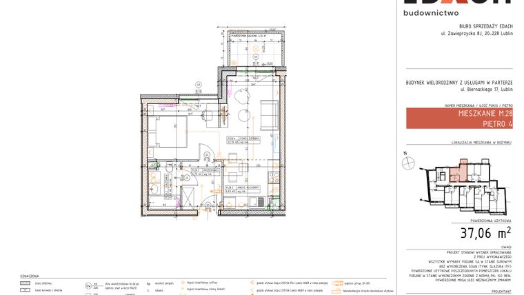Rzut - Mieszkanie na sprzedaż 1 pokój o powierzchni 37,06 m² - numer 28 w Biernackiego 15-17