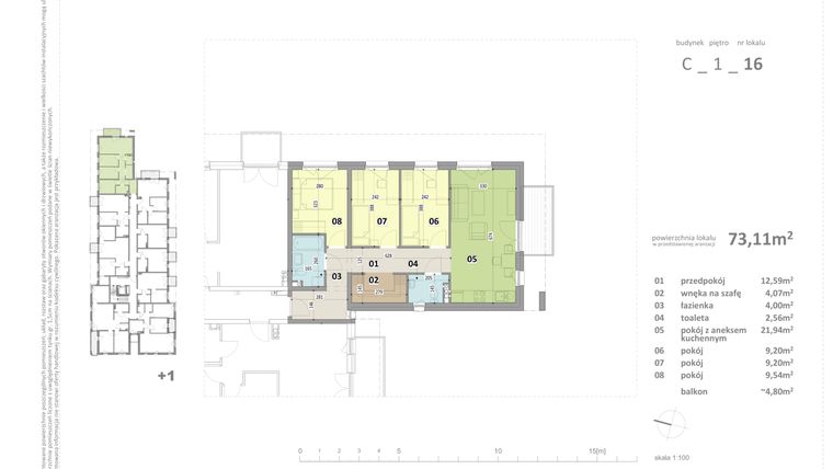Rzut - Mieszkanie na sprzedaż 4 pokoje o powierzchni 73,11 m² - numer C.16 w Federowicza – Ruczaj Park