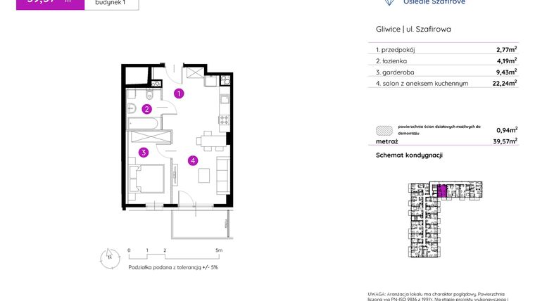 Rzut - Mieszkanie na sprzedaż 1 pokój o powierzchni 39,57 m² - numer 1.A.2.16 w Murapol Osiedle Szafirove II