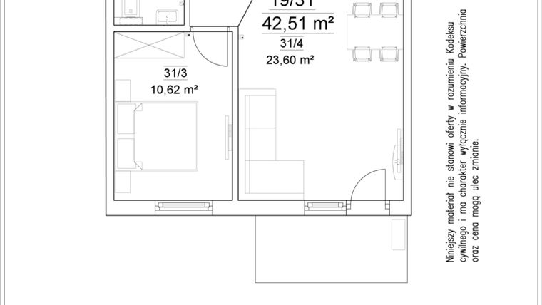 Rzut - Mieszkanie na sprzedaż 2 pokoje o powierzchni 42,51 m² - numer 19/31 w Osiedle Versus etap II