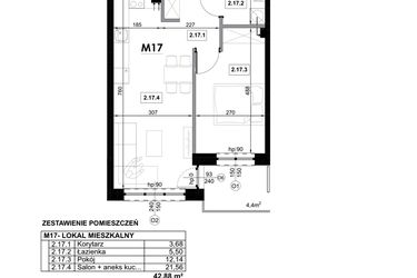 Rzut - Mieszkanie na sprzedaż 2 pokoje o powierzchni 42,88 m² - numer M17 w Miejska Premium II