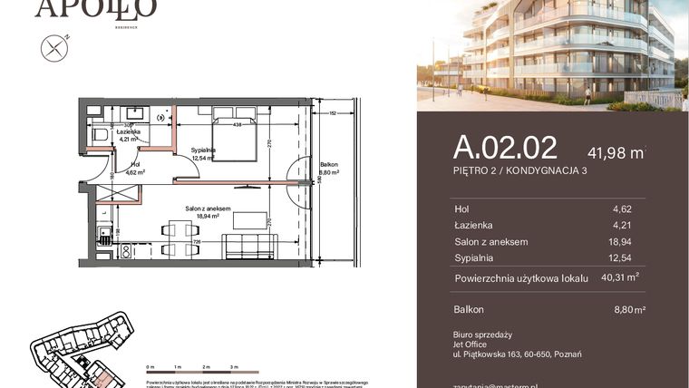Rzut - Mieszkanie na sprzedaż 2 pokoje o powierzchni 40,31 m² - numer A.2.02 w Apollo Residence