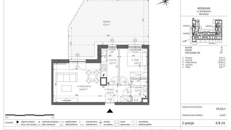 Rzut - Mieszkanie na sprzedaż 2 pokoje o powierzchni 44,1 m² - numer B4/0/B24 w Bemowo Vita