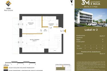 Rzut - Mieszkanie na sprzedaż 2 pokoje o powierzchni 36,69 m² - numer 2 w Apartamenty 3 Maja