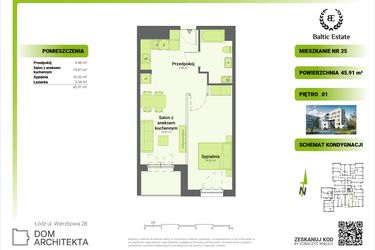 Rzut - Mieszkanie na sprzedaż 2 pokoje o powierzchni 45,53 m² - numer 01.M.25 w Dom Architekta