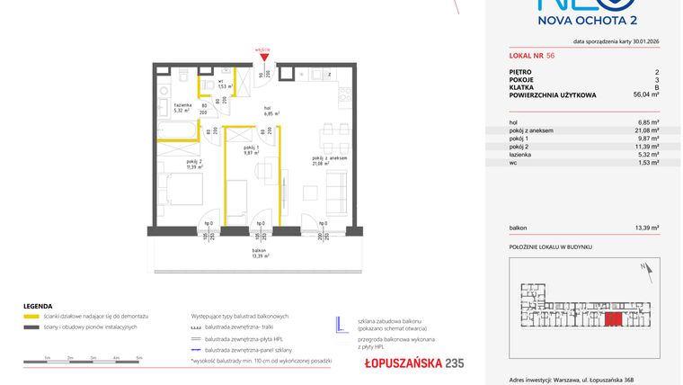 Rzut - Mieszkanie na sprzedaż 3 pokoje o powierzchni 56,01 m² - numer 56 w Neo Nova Ochota 2