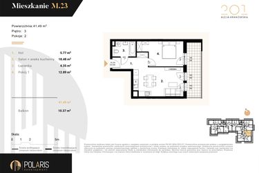 Rzut - Mieszkanie na sprzedaż 2 pokoje o powierzchni 41,49 m² - numer M23 w Aleja Krakowska 201