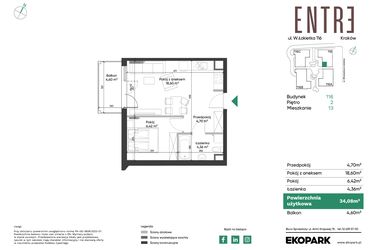 Rzut - Mieszkanie na sprzedaż 2 pokoje o powierzchni 34,08 m² - numer 116-M13 w Entre