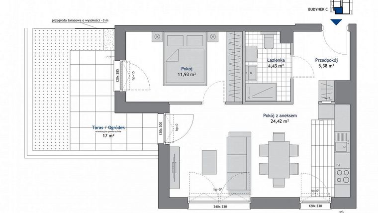 Rzut - Mieszkanie na sprzedaż 2 pokoje o powierzchni 46,16 m² - numer C.0.4 w Nowa Dąbrowa