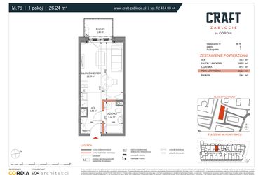 Rzut - Mieszkanie na sprzedaż 1 pokój o powierzchni 26,24 m² - numer A1.M.76 w Craft Zabłocie