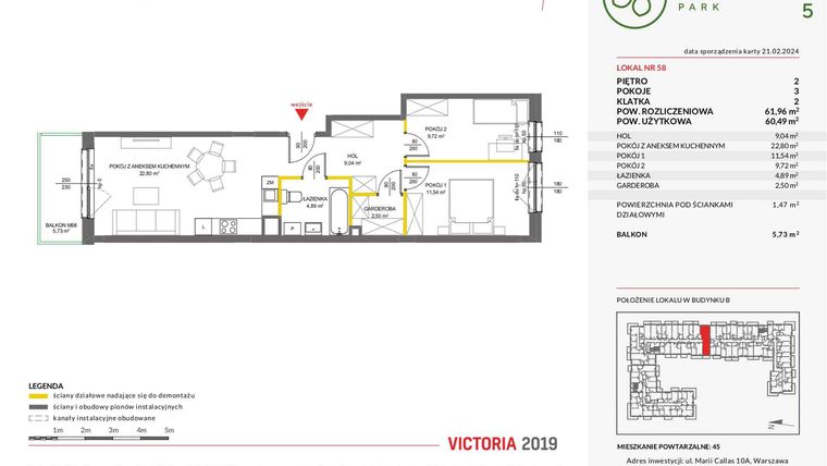 Rzut - Mieszkanie na sprzedaż 3 pokoje o powierzchni 61,92 m² - numer 58 w Olchowy Park V