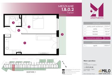 Rzut - Mieszkanie na sprzedaż 2 pokoje o powierzchni 41,73 m² - numer 1.B.0.2 w Maślice Wrocław Milo Dobry Deweloper etap IV
