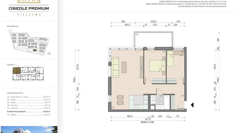 Rzut - Mieszkanie na sprzedaż 3 pokoje o powierzchni 65 m² - numer B3.29 w Osiedle Premium etap IV
