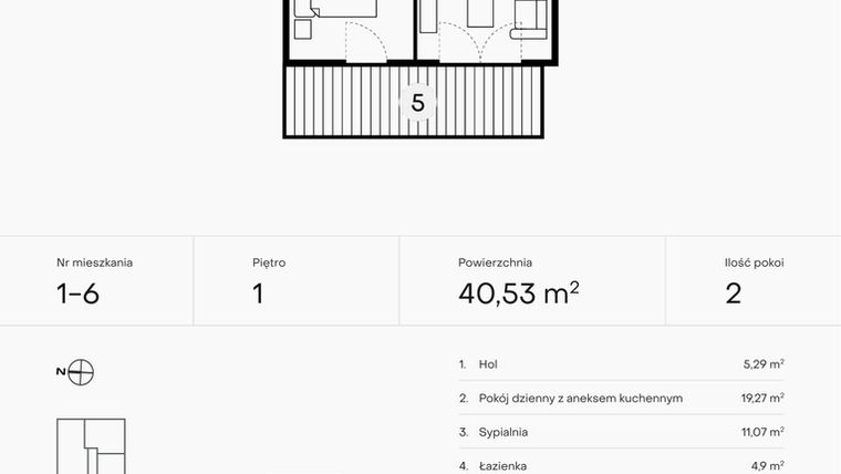 Rzut - Mieszkanie na sprzedaż 2 pokoje o powierzchni 40,53 m² - numer 1-6 w Pączka 1