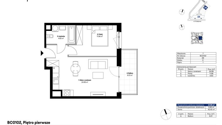 Rzut - Mieszkanie na sprzedaż 2 pokoje o powierzchni 41,55 m² - numer BC0102 w NU2 Warszawa Wola