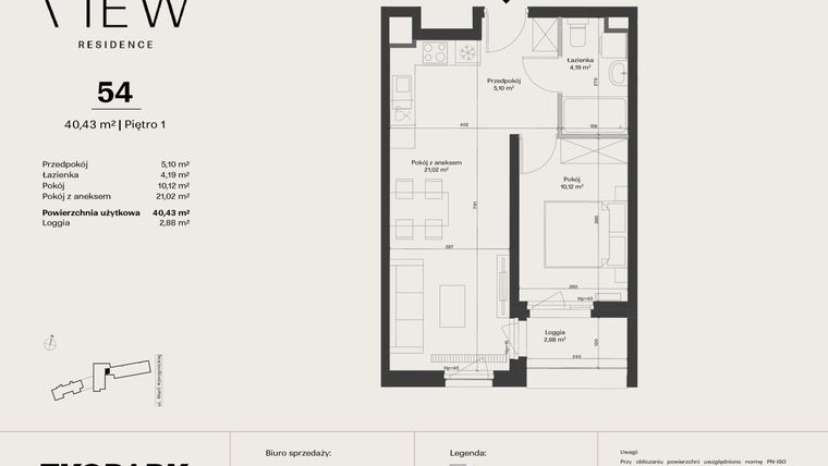 Rzut - Mieszkanie na sprzedaż 2 pokoje o powierzchni 40,43 m² - numer 54 w The View