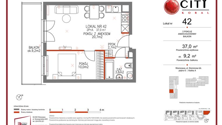 Rzut - Mieszkanie na sprzedaż 2 pokoje o powierzchni 37 m² - numer 42 w Comfort City Koral