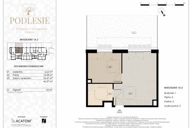 Rzut - Mieszkanie na sprzedaż 2 pokoje o powierzchni 46,37 m² - numer 1A.2 w Podlesie