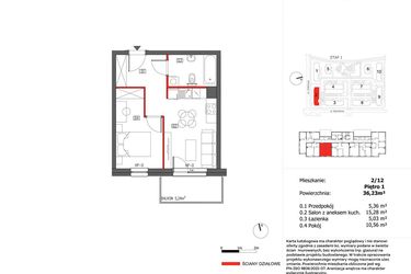Rzut - Mieszkanie na sprzedaż 2 pokoje o powierzchni 36,23 m² - numer 2/12 w Słoneczny Zakątek