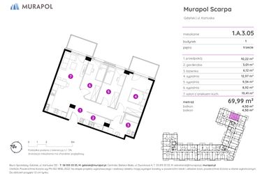 Rzut - Mieszkanie na sprzedaż 4 pokoje o powierzchni 69,99 m² - numer 1.A.3.05 w Murapol Scarpa