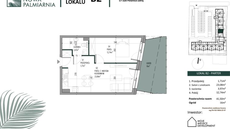 Rzut - Mieszkanie na sprzedaż 2 pokoje o powierzchni 41,5 m² - numer B02 w Nowa Palmiarnia