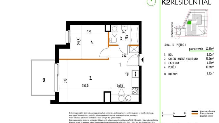Rzut - Mieszkanie na sprzedaż 2 pokoje o powierzchni 42,59 m² - numer 15 w Kowalskiego 37