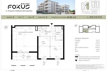 Rzut - Mieszkanie na sprzedaż 3 pokoje o powierzchni 65,85 m² - numer B2-9 w Fokus Bielany