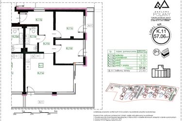 Rzut - Mieszkanie na sprzedaż 3 pokoje o powierzchni 57,06 m² - numer K.11 w Enklawa Polany etap II