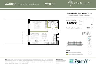 Rzut - Mieszkanie na sprzedaż 2 pokoje o powierzchni 37,91 m² - numer AA0009 w Orneko